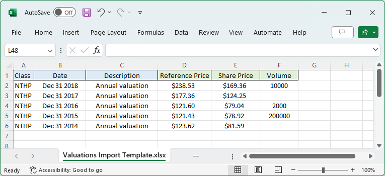 Example Excel worksheet